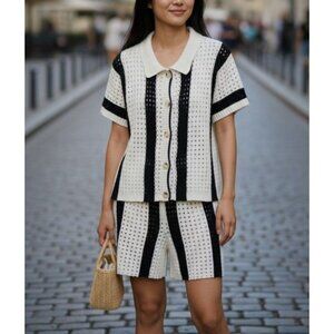 Handmade Crochet Short Sleeve Cardigan & Shorts Set  Stylish Black & White Strip